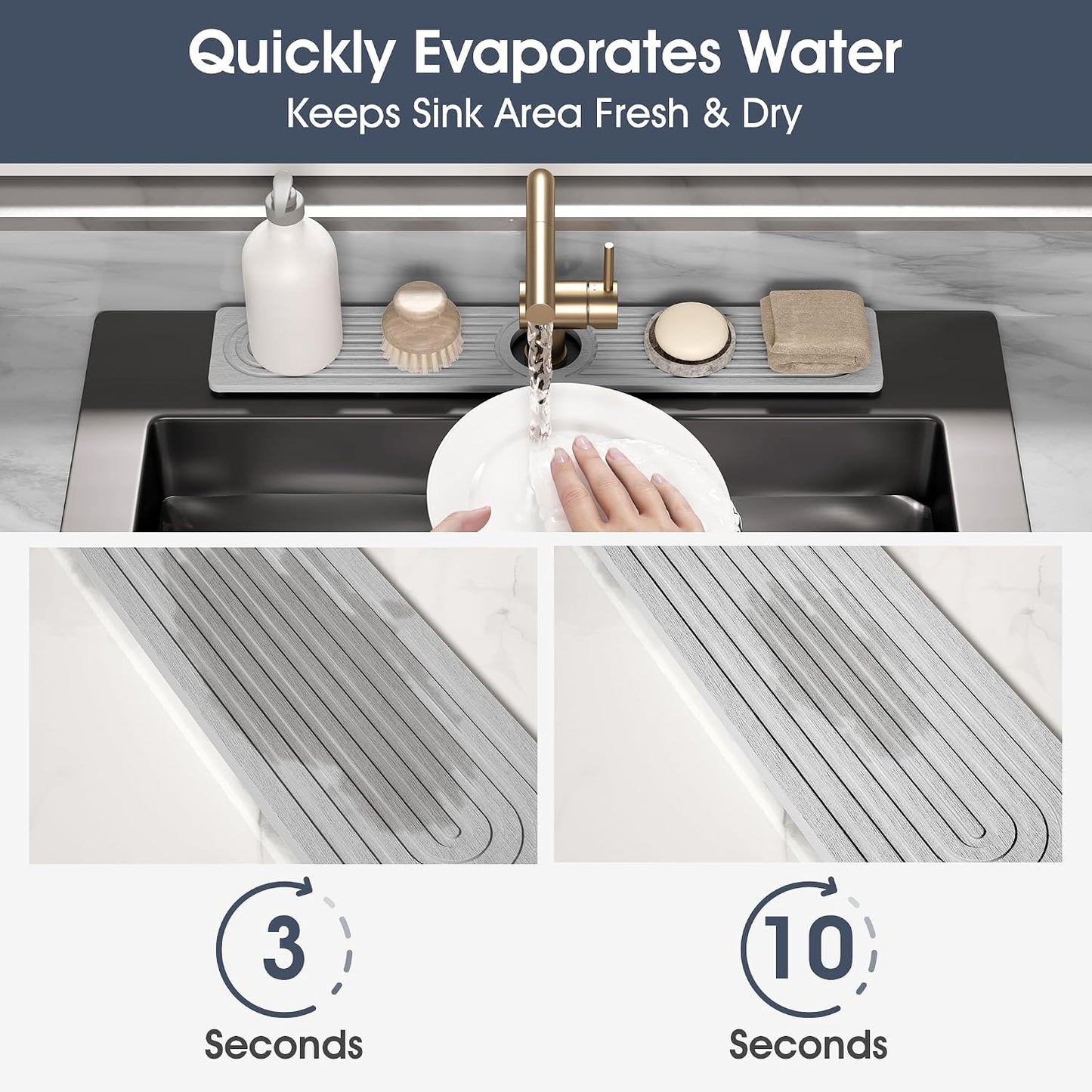 Quick Drying Stone Faucet Mat for Kitchen Sink - Diatomite Sink Mat Absorbing Stone Tray for Bathroom Counter, Sink Faucet Splash Guard Water Protector Matt for Kitchen Counter(White, 14" x 3.9")