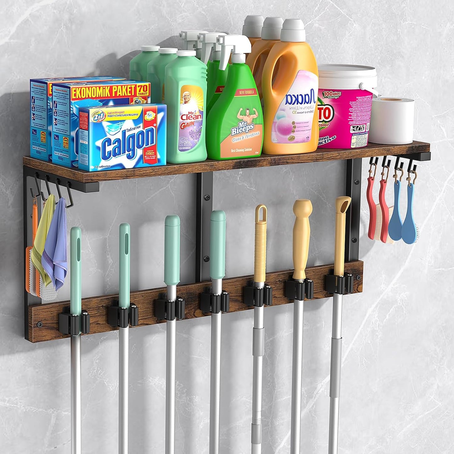Housolution Wall Mount Broom Holder Hanger Laundry Room Storage Shelves | Thickened Metal Frame, 100 LBS High Load-Bearing, Large Capacity, Multifunctional with 7 Grippers & 8 Hooks