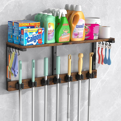 Housolution Wall Mount Broom Holder Hanger Laundry Room Storage Shelves | Thickened Metal Frame, 100 LBS High Load-Bearing, Large Capacity, Multifunctional with 7 Grippers & 8 Hooks