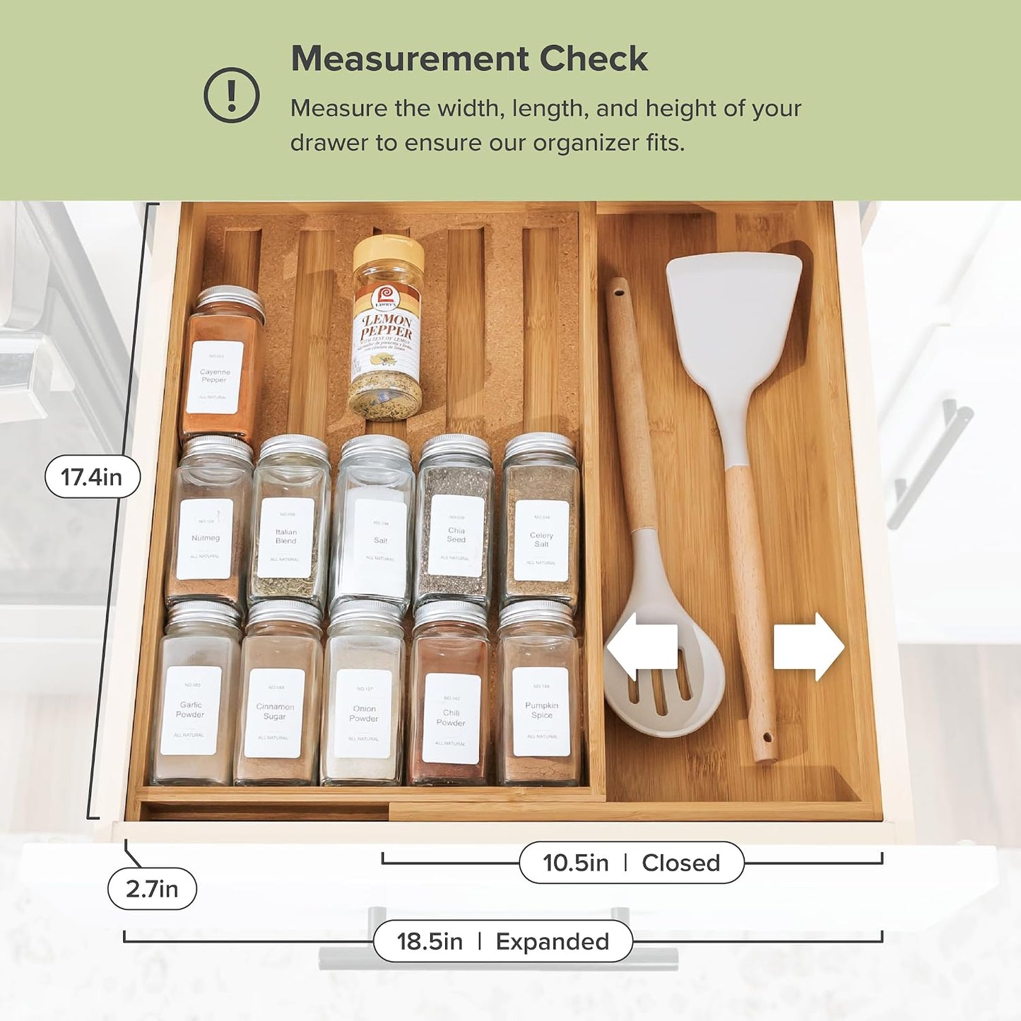 Expandable Spice Drawer Organizer, Bamboo | Holds up to 15 spice jars (not included), non-slip feet, 100% sustainable bamboo wood
