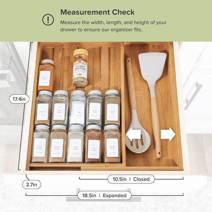 Expandable Spice Drawer Organizer, Bamboo | Holds up to 15 spice jars (not included), non-slip feet, 100% sustainable bamboo wood