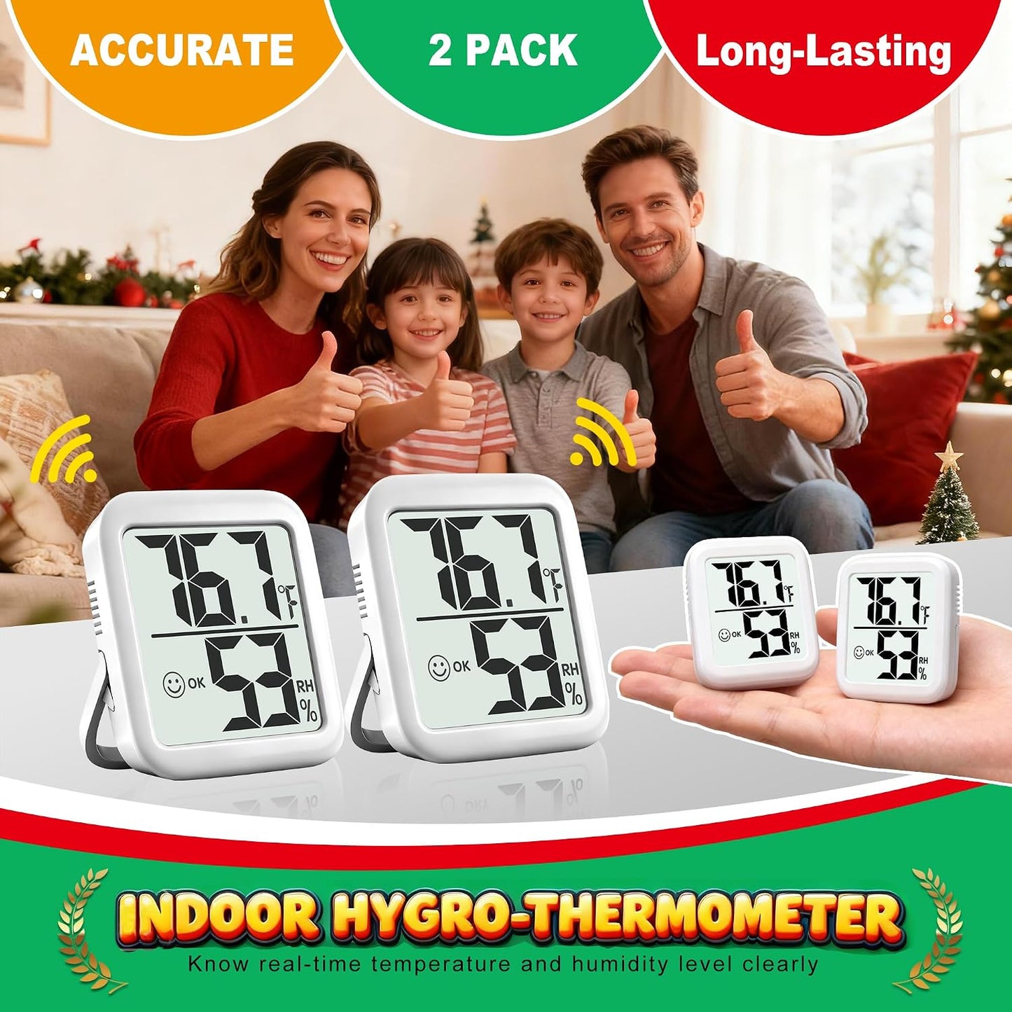 2 Pack Room Thermometer Indoor Hygrometer | Monitor Temperature & Humidity, Accurate, Fast Read, Easy To View, Magnetic/Kickstand/Hanging, ℉/℃, w/ Battery, Compact