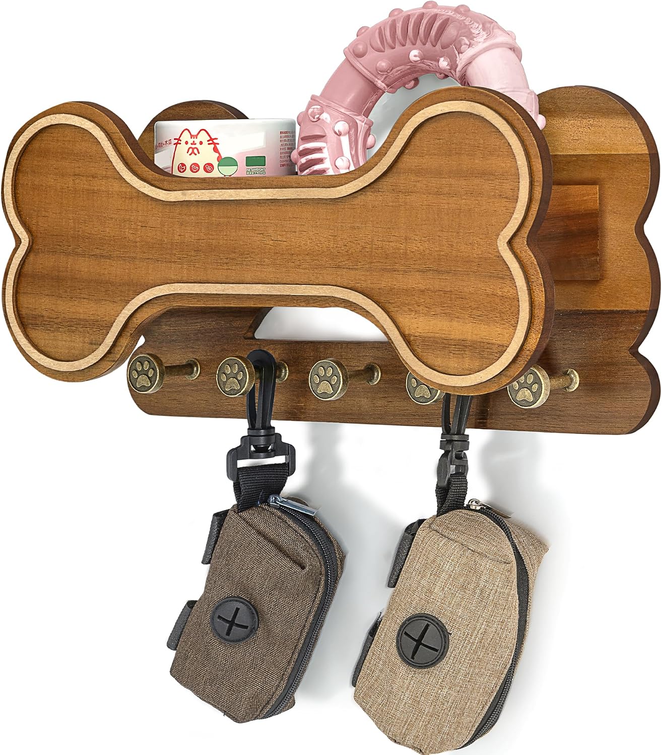MTERSN Dog Leash Holder for Wall with Key Hooks for Dog Gear Storage, Brown | 3D Puppy Paw Hooks, Doggie Bone Shape, Key Rack with 5 Hooks, Wall Shelf for Treats & Dog Food, Ideal for Wall Decor