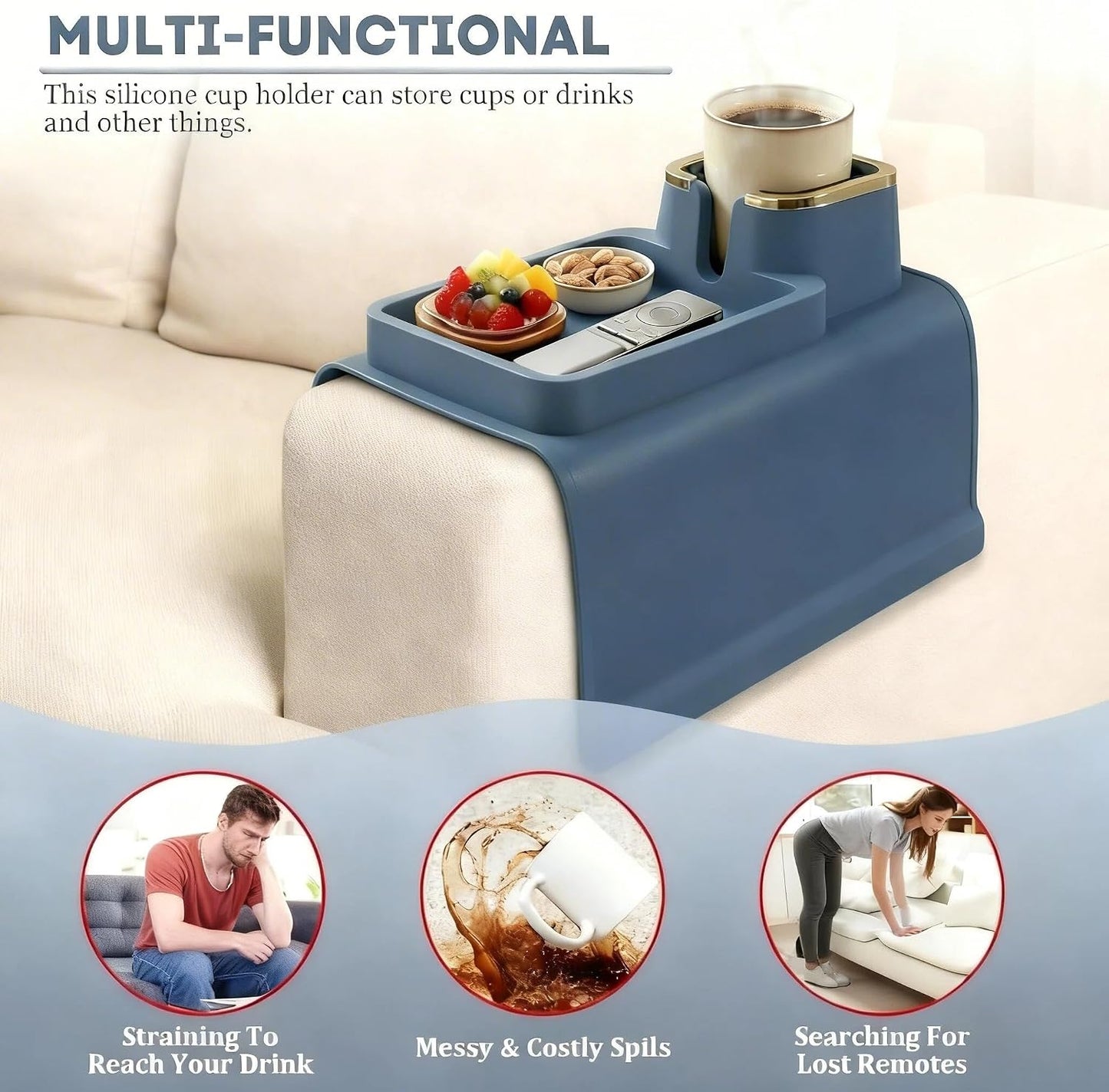 Luxury Gold Trim Couch Cup Holder Tray - Weighted Anti-Spill Navy Blue Silicone Sofa Armrest Organizer, Non-Slip Recliner Tray Table for Drinks, Remote, Phone - Fits Most Couch Arms