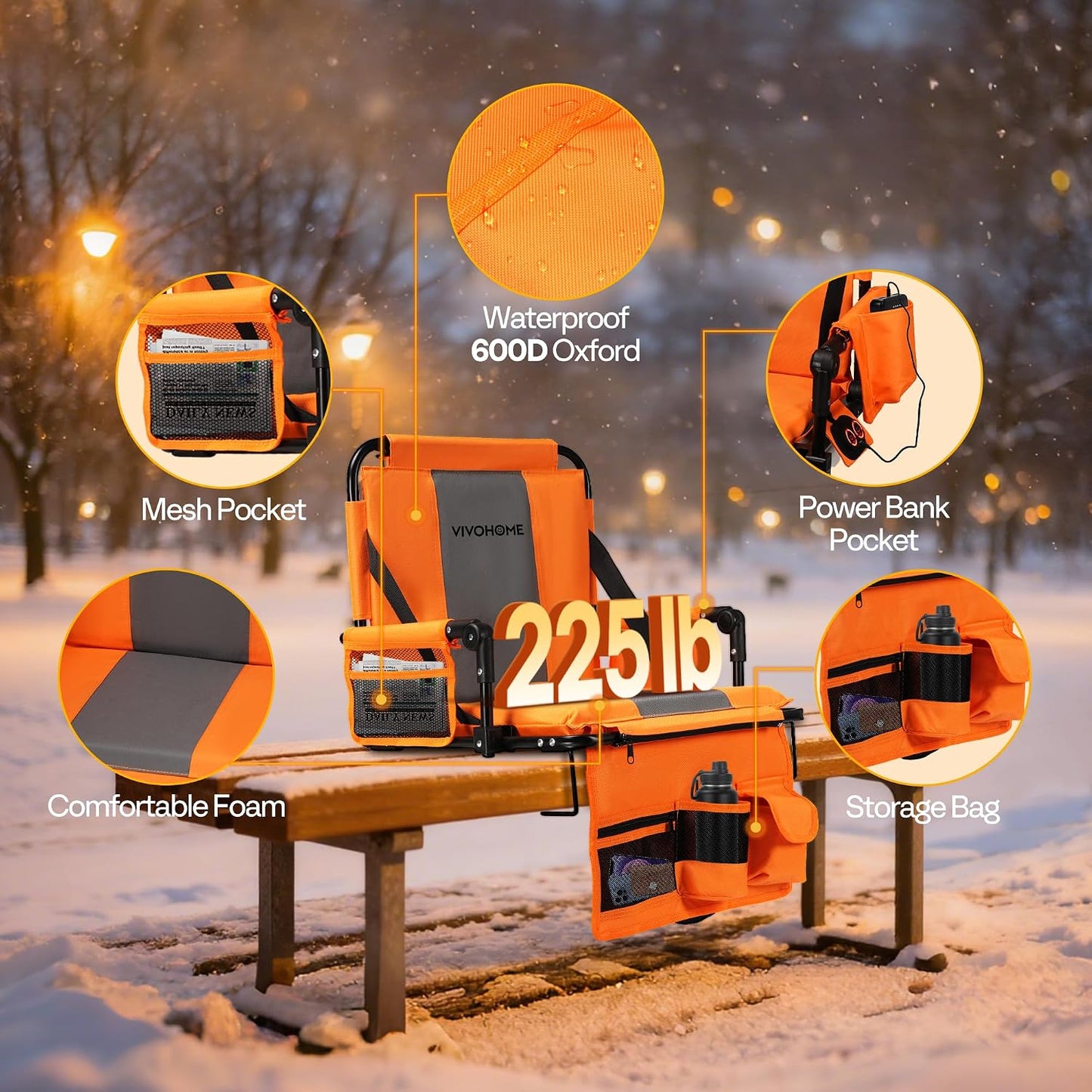 VIVOHOME 35W Padded Heating Stadium Seats with 20000mAh Power Bank, 2 Pack Heated Bleacher Chairs with Back Support, 3 Levels of Heat, Comfortable for Various Sports Events