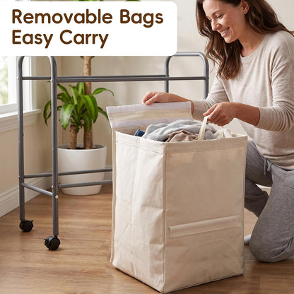 130L Laundry Hamper with Wheels, 3 Section Laundry Sorter Cart with Removable Bags, Rolling Clothes Hamper with Waterproof Lining, Sturdy Freestanding Canvas Laundry Basket for Laundry Room, Beige