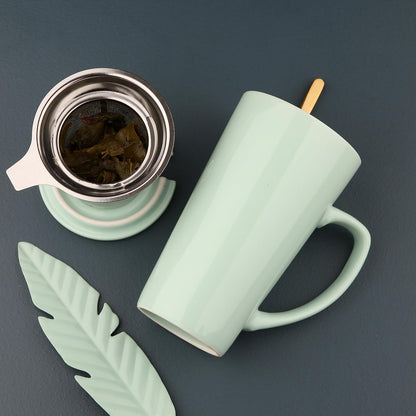 15 Ounce Porcelain Tea Mug with Infuser, Lid and Spoon, Loose Leaf Tea Cup (Mint Green)