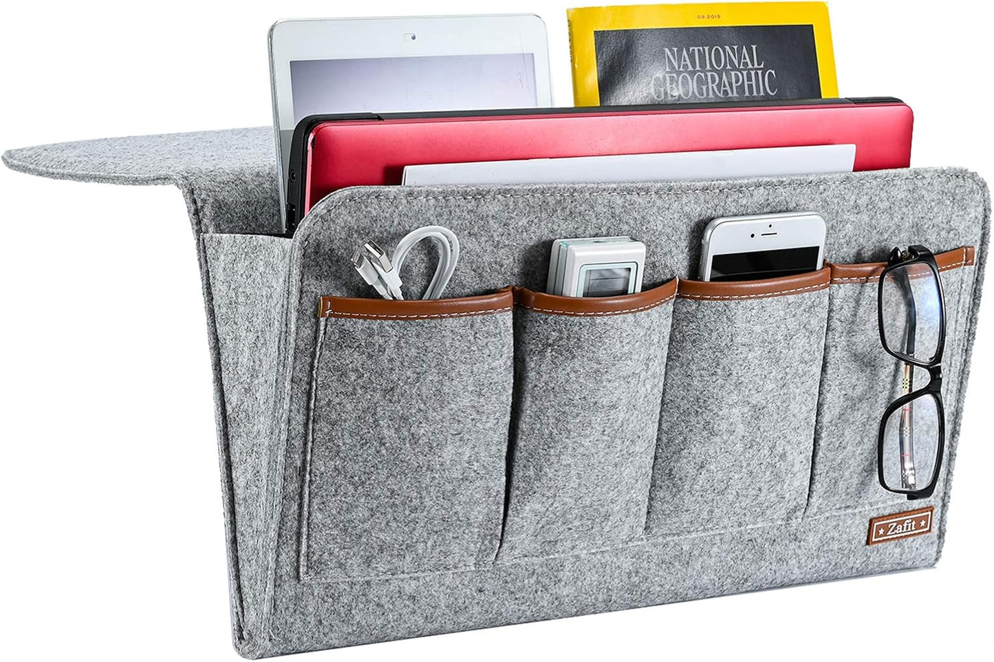 Zafit Bedside Caddy, Large Size Bedside Storage Organizer Bedside Organizer Caddy for Magazine Remotes Phone (13.4'' x 18.1'' Plus Size, Dark Grey)