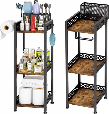 Bathroom Organizers and Storage Shelf with Toilet Paper Holder | 3-Tier freestanding 9.85″ narrow bathroom storage rack, With 3-compartment basket, hooks and non-slip feet, Rustic farmhouse