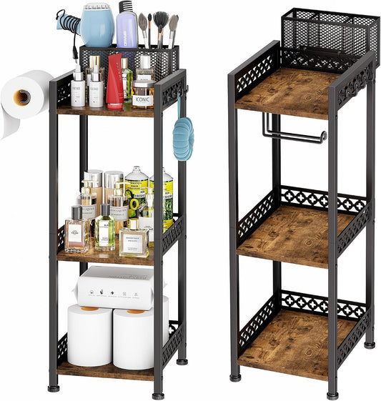 Bathroom Organizers and Storage Shelf with Toilet Paper Holder | 3-Tier freestanding 9.85″ narrow bathroom storage rack, With 3-compartment basket, hooks and non-slip feet, Rustic farmhouse