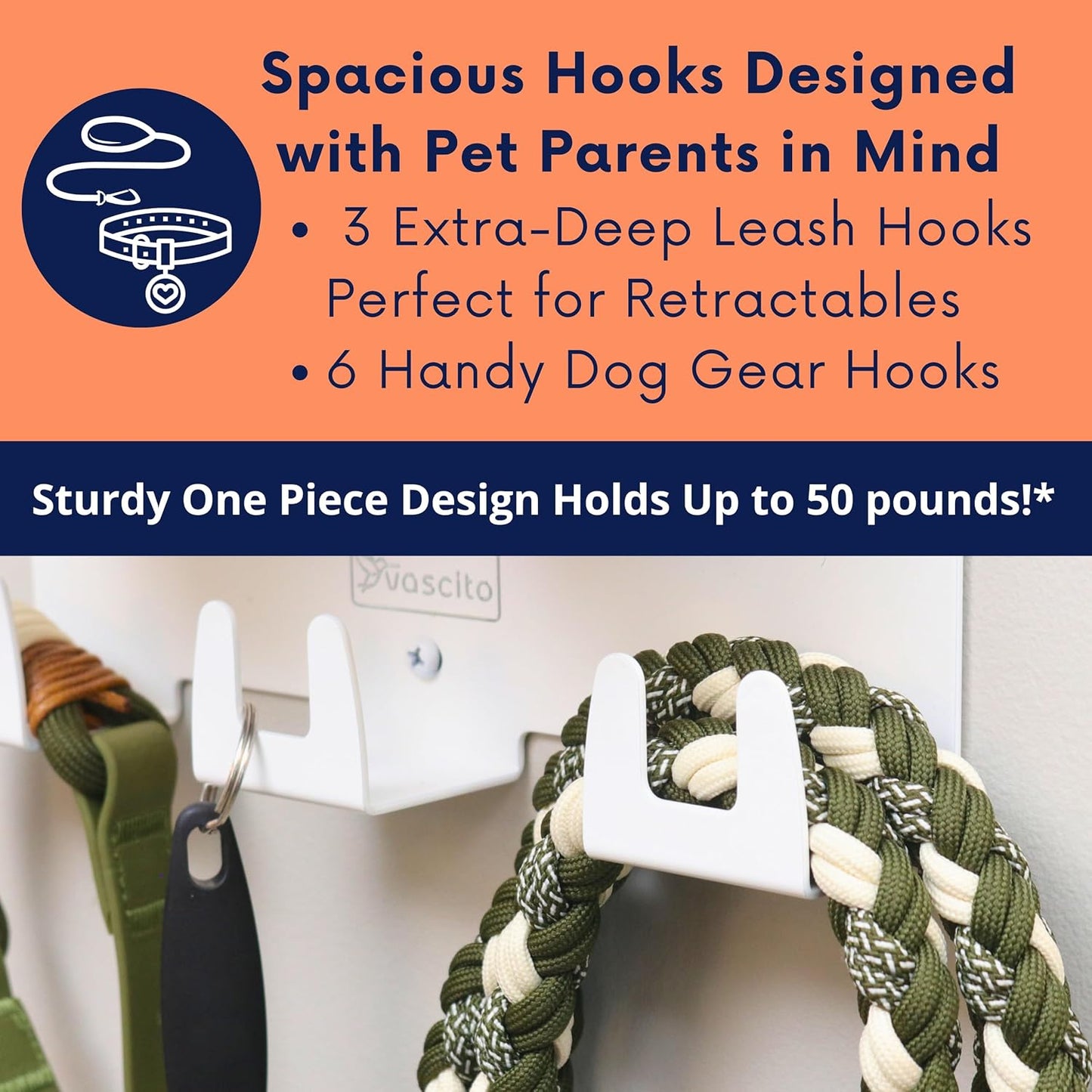 Dog Leash Holder for Wall with Shelf — Wall Mounted Dog Treat Holder & Station, 2 Airtight 32oz Treat Containers, 9 Hooks, Patented Lidless Slide-to-Seal Jars, Solid Steel, Made in USA