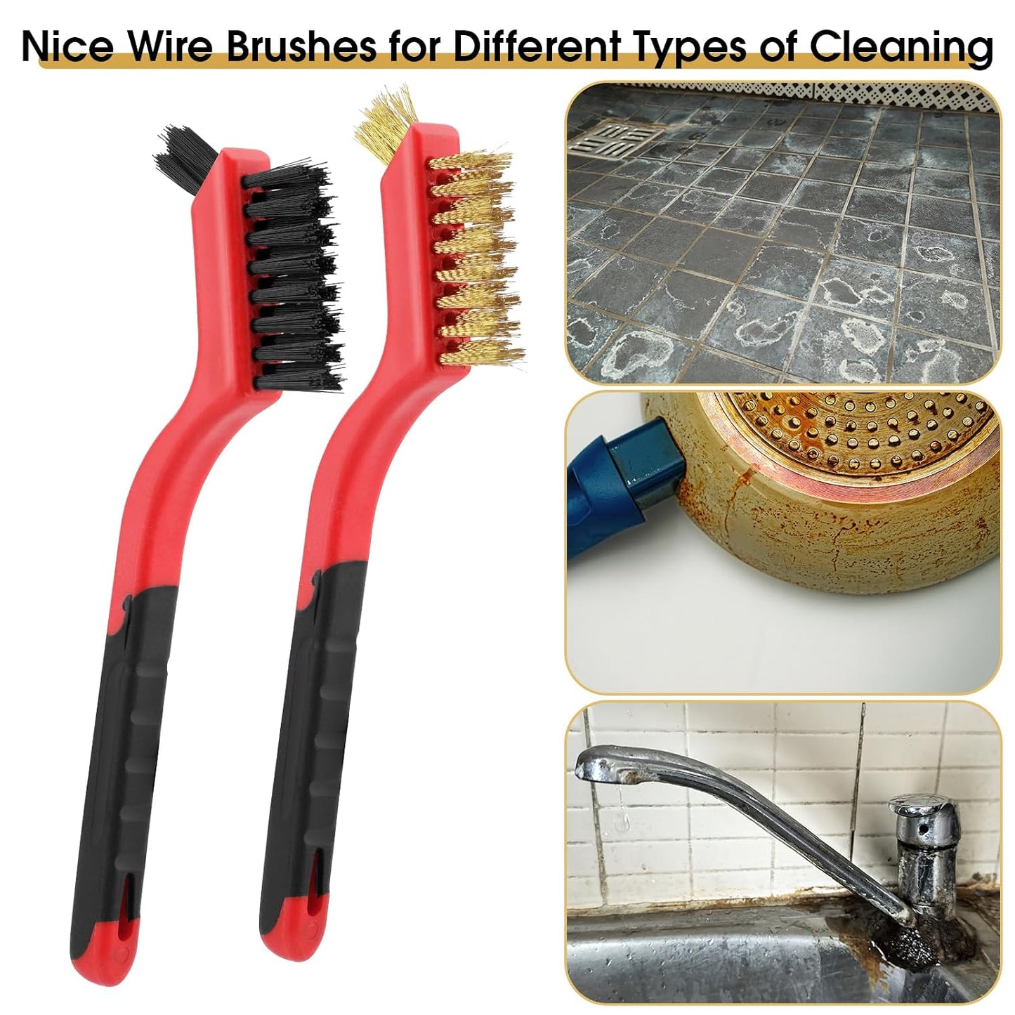 Wire Brush for Cleaning, Small Brass Steel Nylon Brush, Metal Rust Remover | 6 Pcs, Rust/Grease/Paint Removal on Metal/Wood/Grill, Curved Head for Tight Spots, with Hang Hole, Ergonomic Handle, 7 in