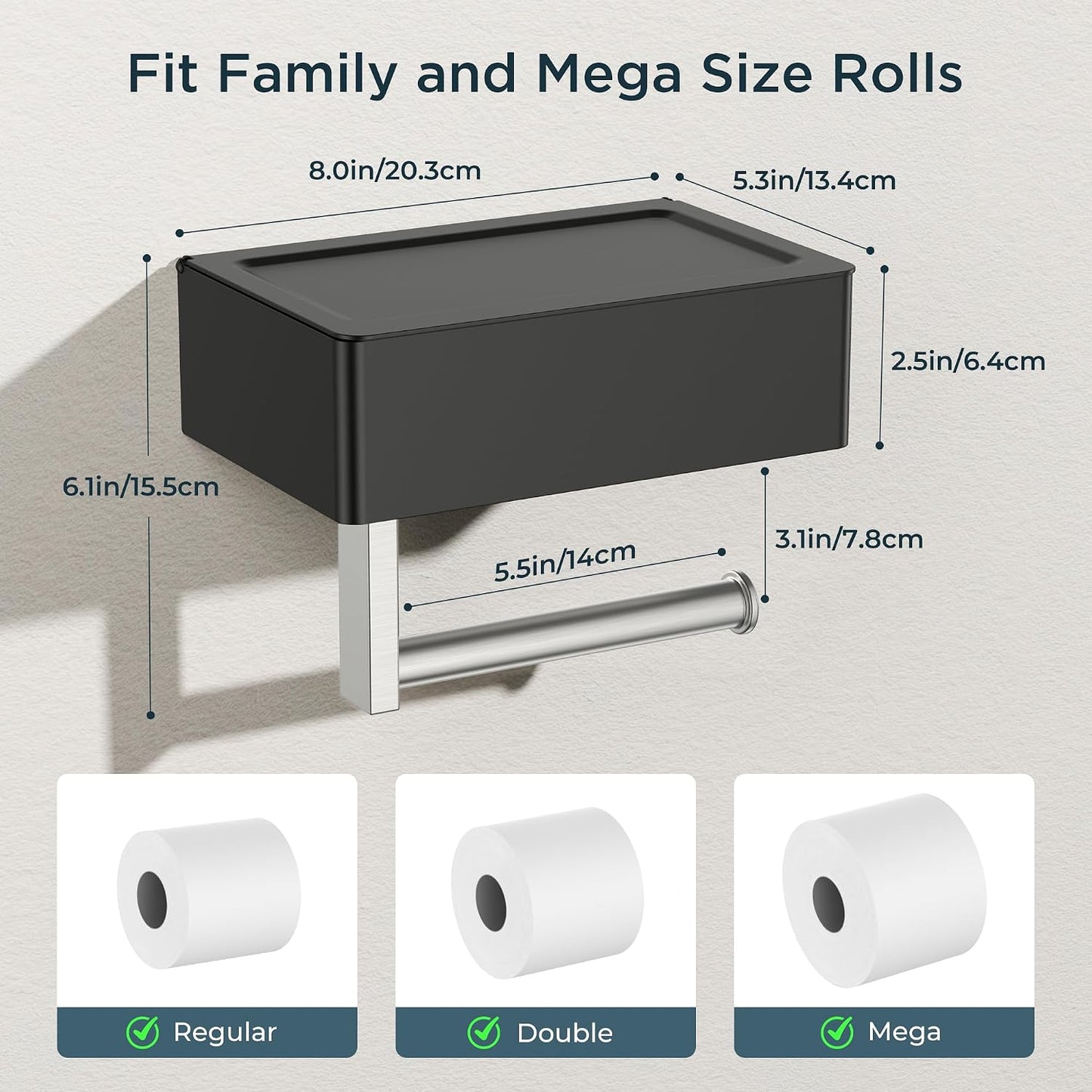 FORIOUS Toilet Paper Holder with Shelf, Wall-Mounted Modern Wipes Dispenser | Brushed Nickel | Toilet Paper Holder with Storage for Bathroom | Fits Wipes, Sanitary Napkin, Tampon | 8.0"x5.3" Large Shelf