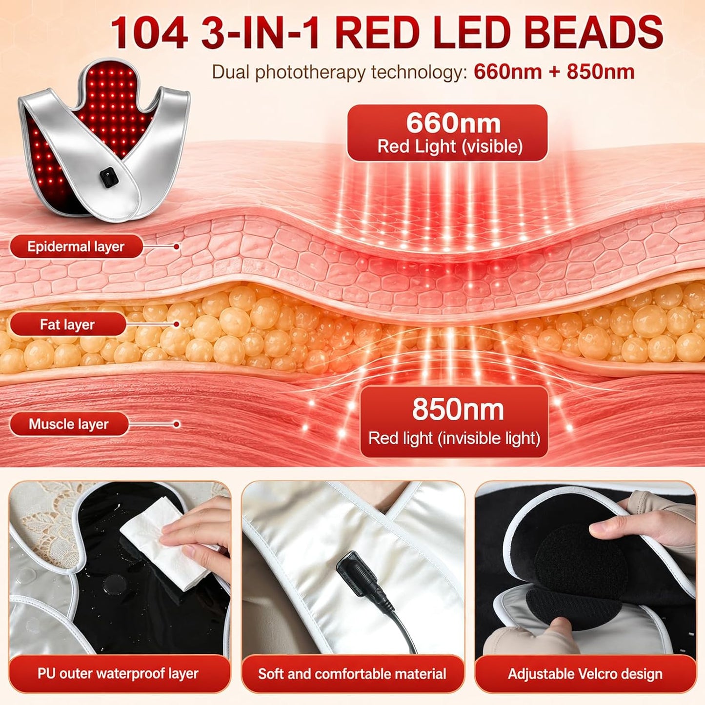 2026 New Model Red Light Therapy for Neck and Shoulder, Direct-Plug High Power 104 LED Beads, 660nm/850nm Wearable Heating Band with 5 Intensity Levels, for Upper Back, Shoulders and Neck