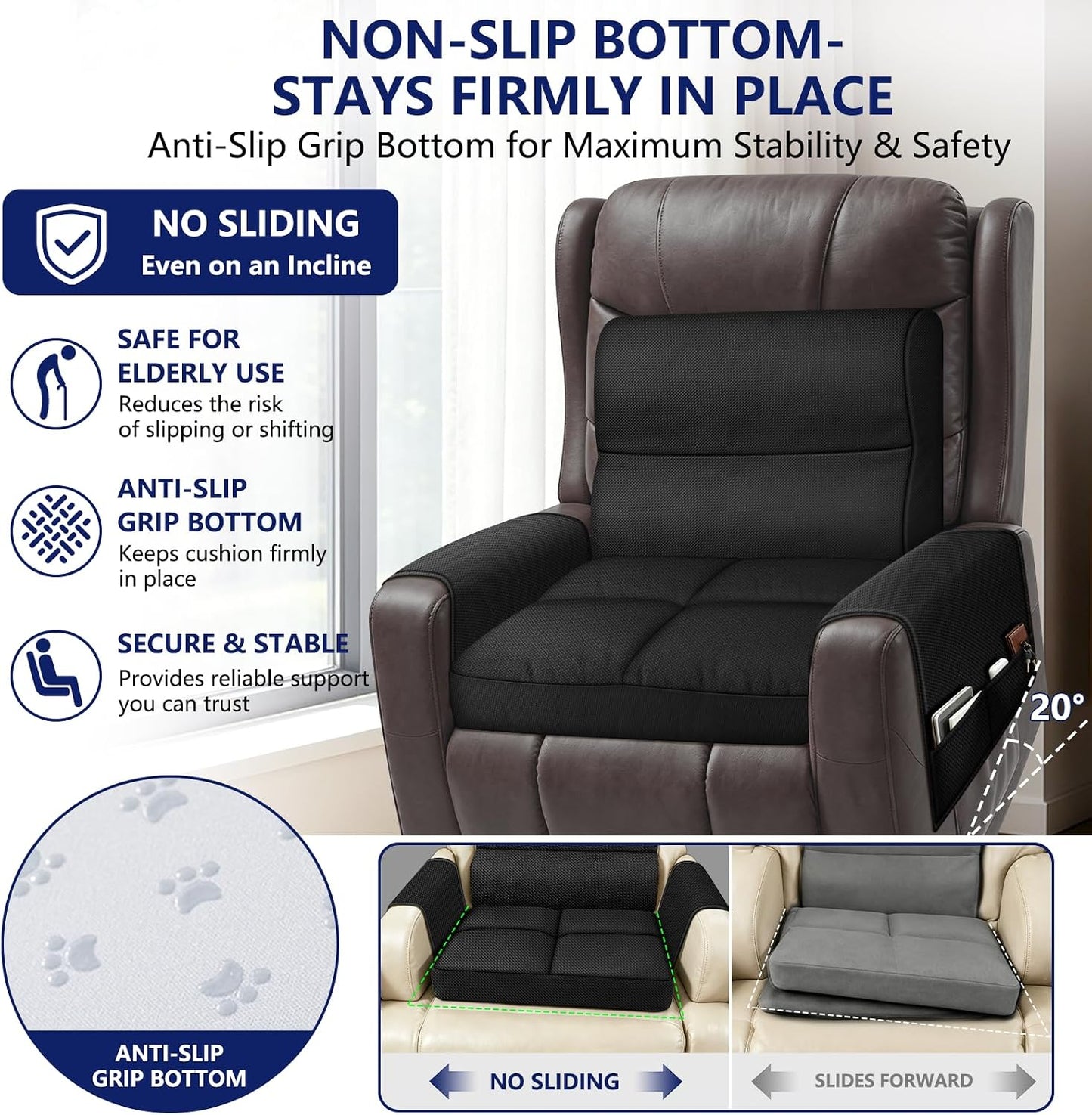 Chair Cushions for Elderly,20x16.5x4.5 Inch Rocking Chair Cushions Indoor,Memory Foam Recliner Cushions for Long Sitting, Sofas & Couches，Outdoor,Office Chair，wheelchair，Meditation and Floor Seating