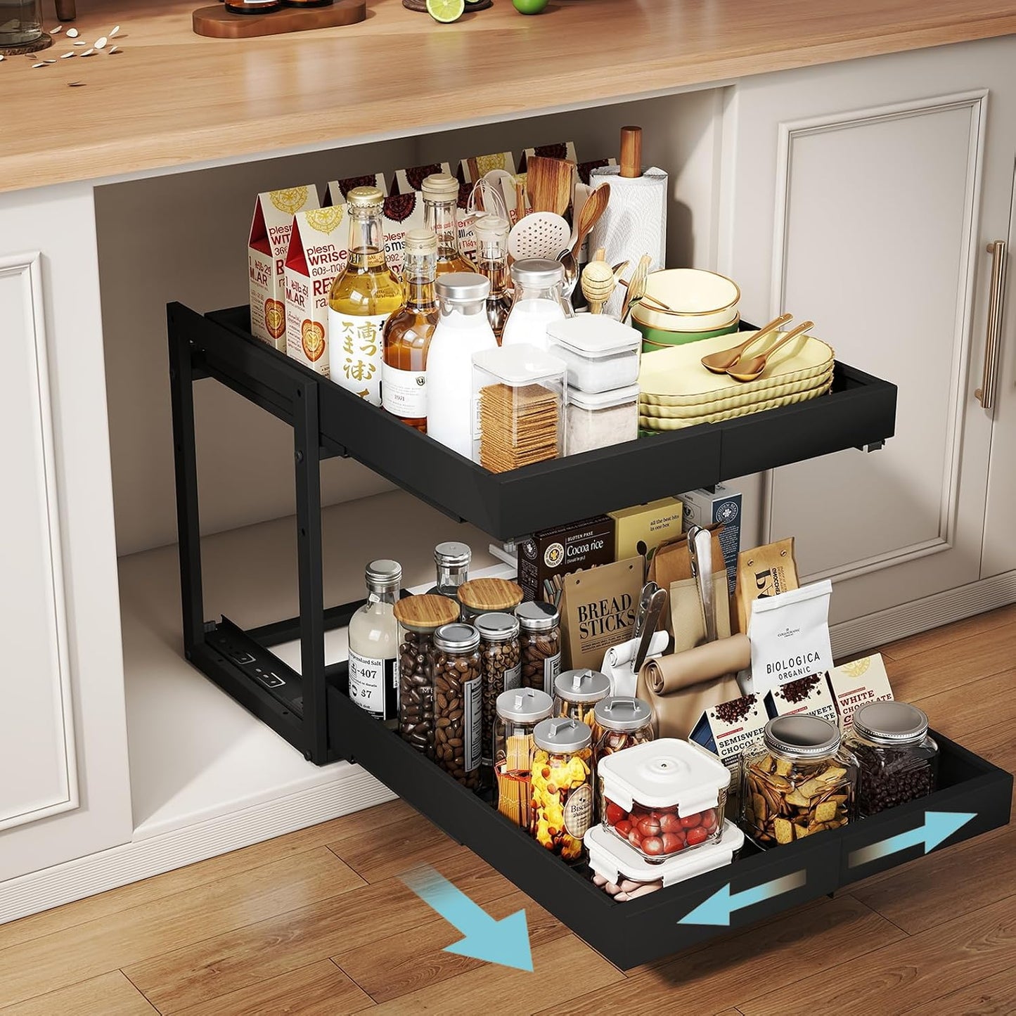 Golener 2-Tier Expandable Pull Out Cabinet Organizer, Cabinet Drawers, 16"D | Cabinet Pull Out shelves, Adjustable Pantry Drawers, Slide Out Drawers for Kitchen Cabinets, Under Sink Organizer, Black