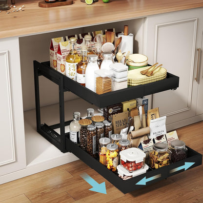 Golener 2-Tier Expandable Pull Out Cabinet Organizer, Cabinet Drawers, 16"D | Cabinet Pull Out shelves, Adjustable Pantry Drawers, Slide Out Drawers for Kitchen Cabinets, Under Sink Organizer, Black