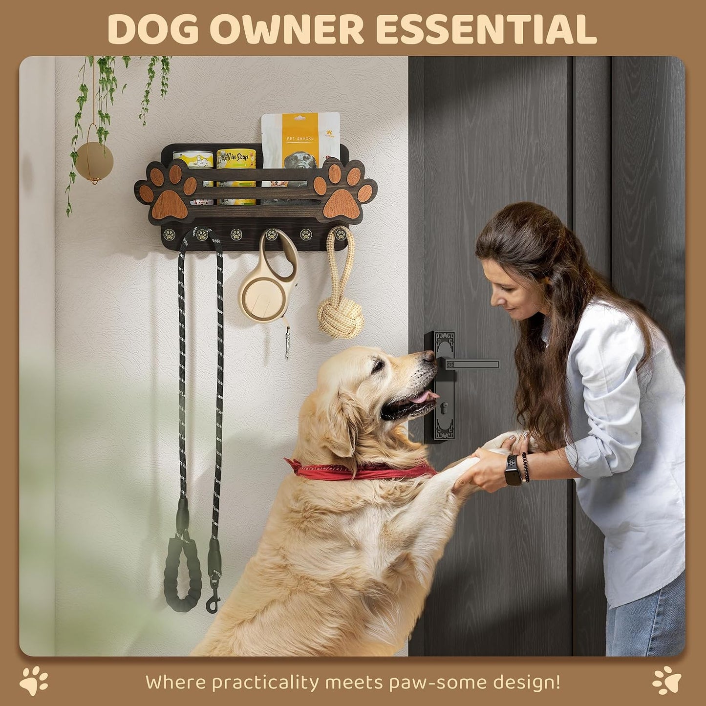 MTERSN Dog Leash Holder for Wall with Wall Shelf for Dog Lover, White | 3D Paw-print Design, Mail Holder for Wall with 6 Hooks for Dog Leash & Sunglasses, Put Dog Food Container, Rustic Home Decor