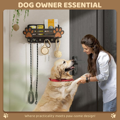 MTERSN Dog Leash Holder for Wall with Wall Shelf for Dog Lover, White | 3D Paw-print Design, Mail Holder for Wall with 6 Hooks for Dog Leash & Sunglasses, Put Dog Food Container, Rustic Home Decor