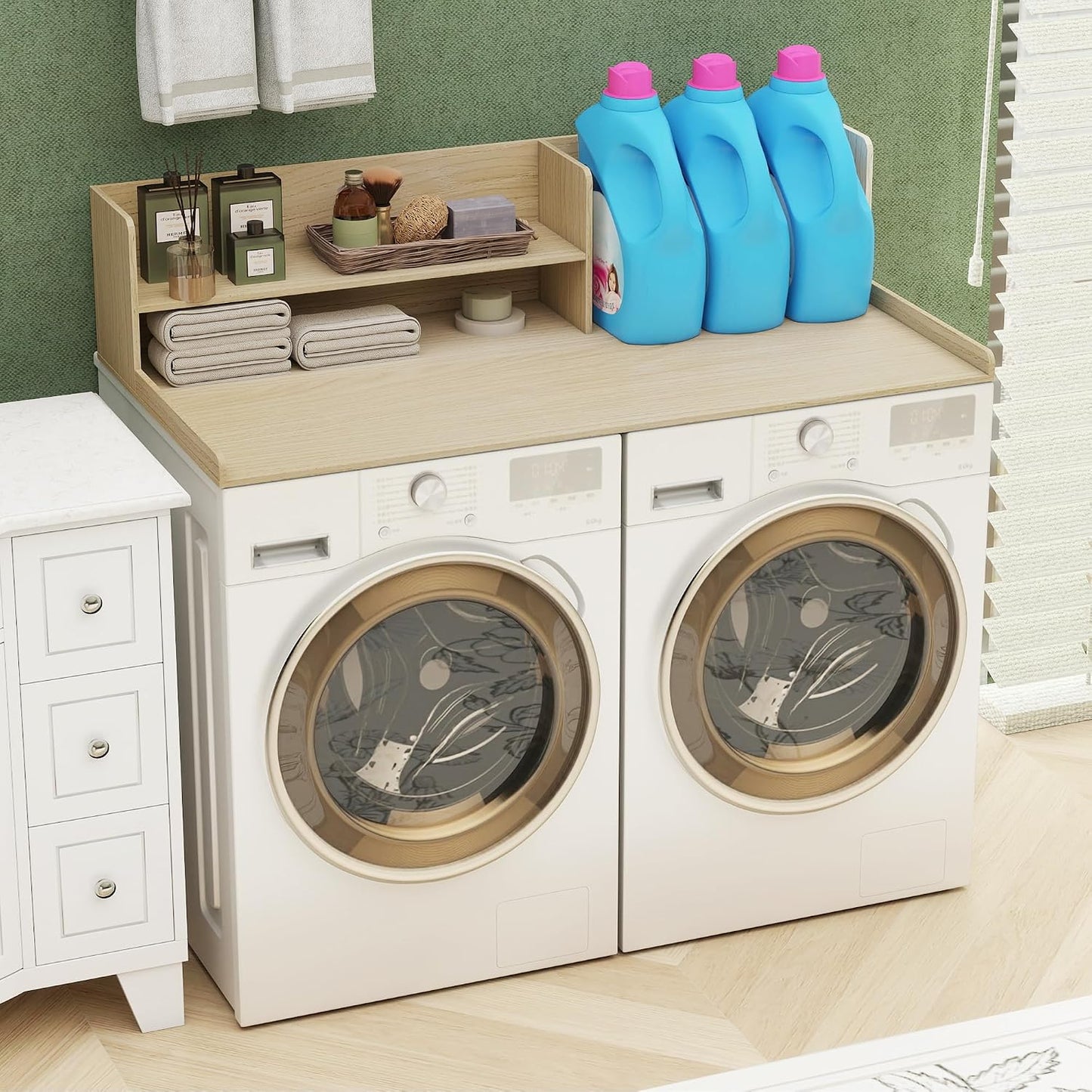 2 Tier Wooden Washer Dryer Topper, Large Laundry Countertop Cover, Walnut | Washer And Dryer Topper Non-Slip Pads,Over Washer And Dryer Shelves For Clothes Folding,Space Saving Laundry Room Organizer
