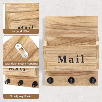 Mail and Key Holder, Wall Key Holder with 2 Mail Organizer Slot and 3 Hooks | Decorative 8.86" x 11.42" Mail Holder, Real Paulownia Wood with Keyhole Brackets, Hardware and Instructions