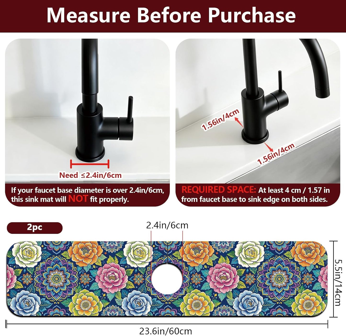 2 Pcs Kitchen Sink Splash Guard Faucet Mat Wood Grain Pattern Faucet Mat for Sinks Natural Wood Color Absorbing Drying Mats for Kitchen Bathroom, 23.6x5.5inch