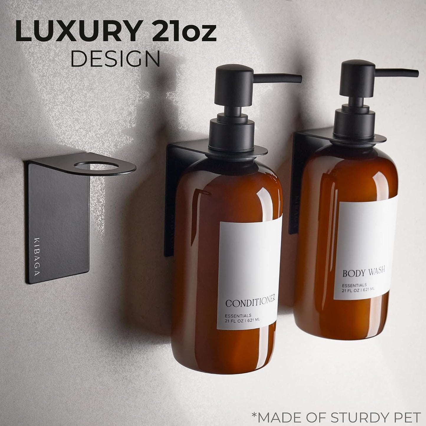 Stylish Shampoo & Conditioner Dispenser Set of 3 - Wall Mount, Drill Free | Modern 21oz Shower Soap Bottles with Labels - Easy Refill Body Wash Dispensers for an Instant Bathroom Decor Upgrade
