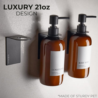 Stylish Shampoo & Conditioner Dispenser Set of 3 - Wall Mount, Drill Free | Modern 21oz Shower Soap Bottles with Labels - Easy Refill Body Wash Dispensers for an Instant Bathroom Decor Upgrade