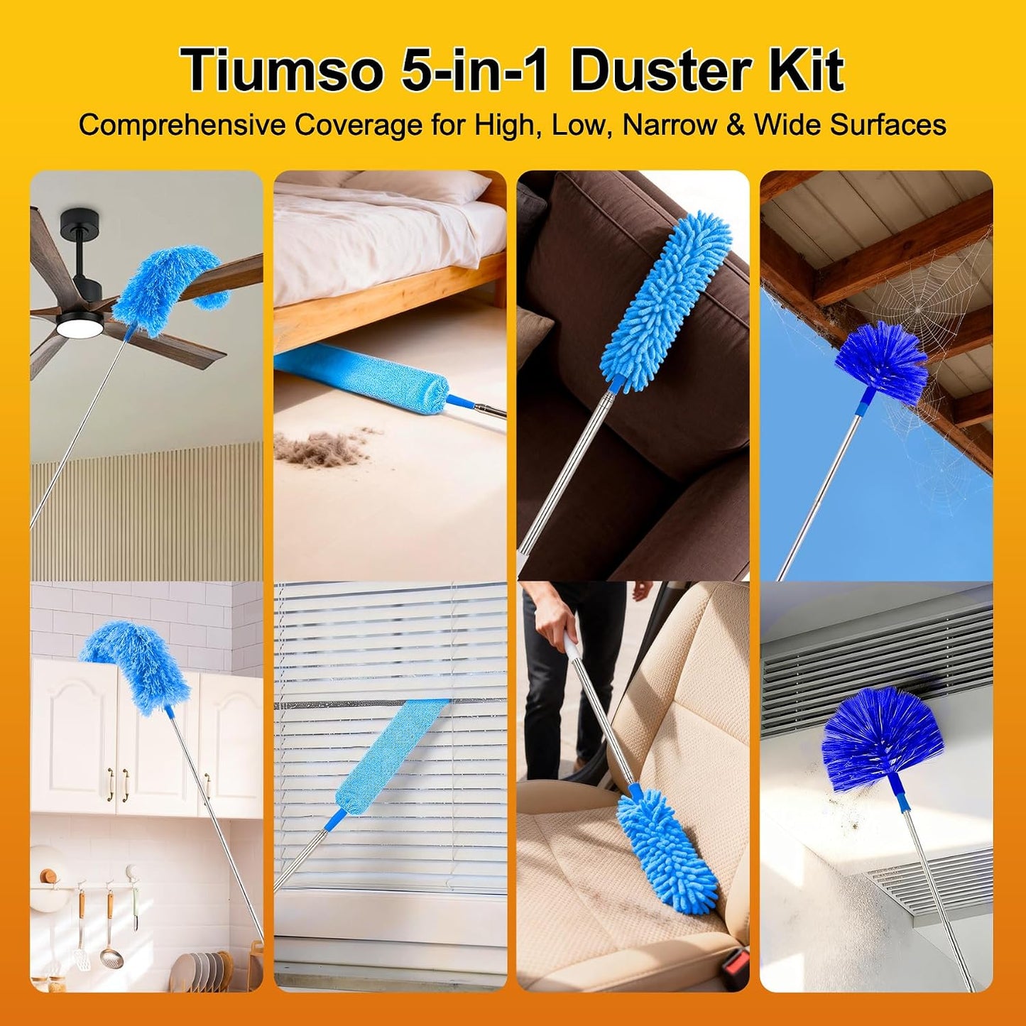 Tiumso Microfiber Feather Duster 5-in-1 Kit, Dusters for Cleaning, Duster with Extension Pole 100 Inches, Cobweb Duster, Microfiber Dusters for High Ceilings and Fans, Blinds, Cars and Furniture