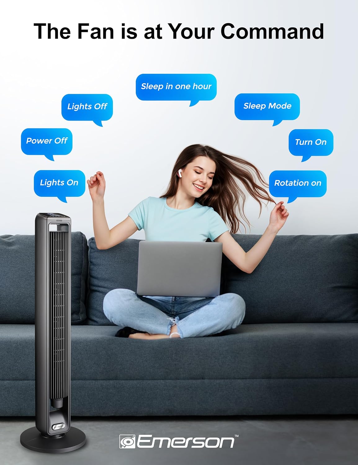 Emerson SmartVoice 40” Tower Fan, Wi-Fi-free Voice Control Fan, Hands-Free Cooling, No WiFi, No App, 70° Oscillation, 3 Speeds, 15-Hr Timer, Sleep Mode & Remote Control