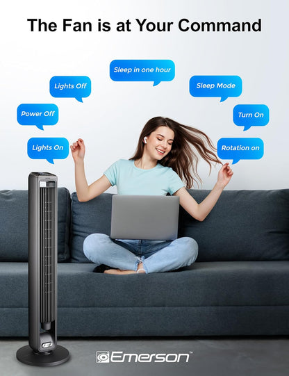 Emerson SmartVoice 40” Tower Fan, Wi-Fi-free Voice Control Fan, Hands-Free Cooling, No WiFi, No App, 70° Oscillation, 3 Speeds, 15-Hr Timer, Sleep Mode & Remote Control