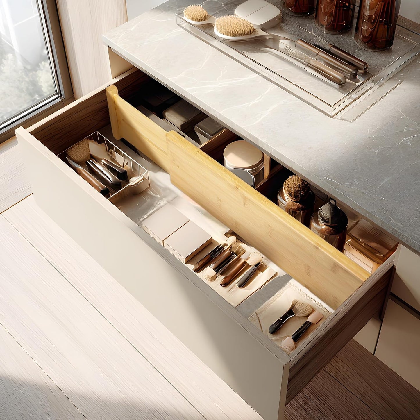 VaeFae 6-Pack Adjustable Bamboo Drawer Dividers, Expandable Drawer Organizer for Kitchen Utensils, Clothes, Bathroom, Office – Fits Drawer Interiors 16.6" to 21.8"