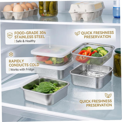 Square Strainer, 3PCS/Set Fruit Storage Containers For Fridge, 304 Stainless Steel Square Strainer With Lid, Lettuce Keeper & Dish, 1500ml, Fruit Storage Containers For Fridge