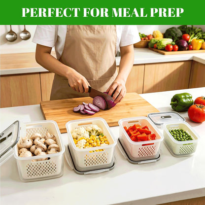 KUK 4 Pack Fruit Storage Containers for Fridge, Leakproof Food Containers with Removable Colander, Fruit Containers for Fridge BPA Free Produce Containers Keep Vegetables Berry Meat Fresh Longer