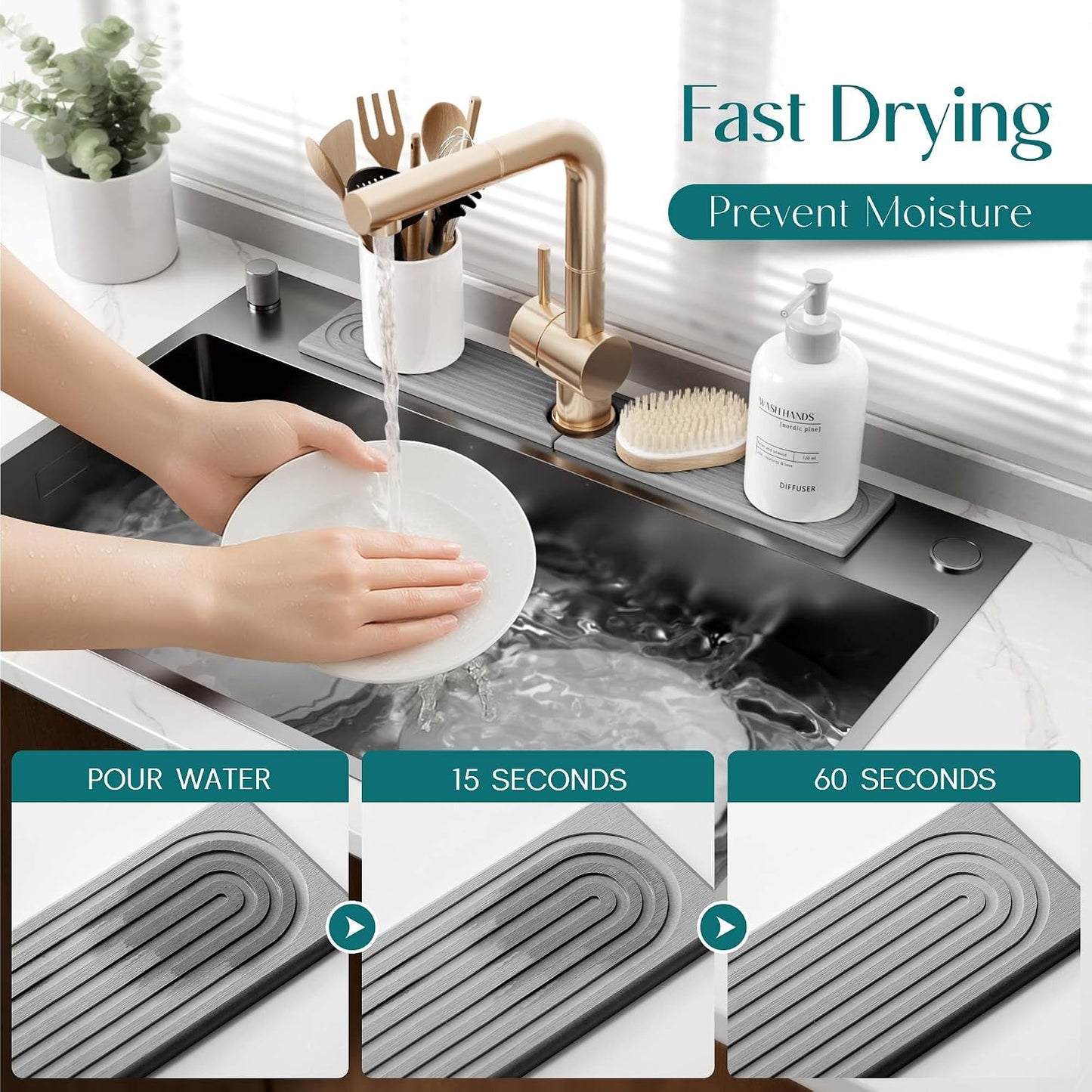 Stone Faucet Mat for Kitchen Sink – Diatomite Drying Stone Mat & Sink Protector, Prevents Moisture – Sink Splash Guard Water-Absorbing Stone Tray for Bathroom Counter (Light Grey, 20" x 3.9")