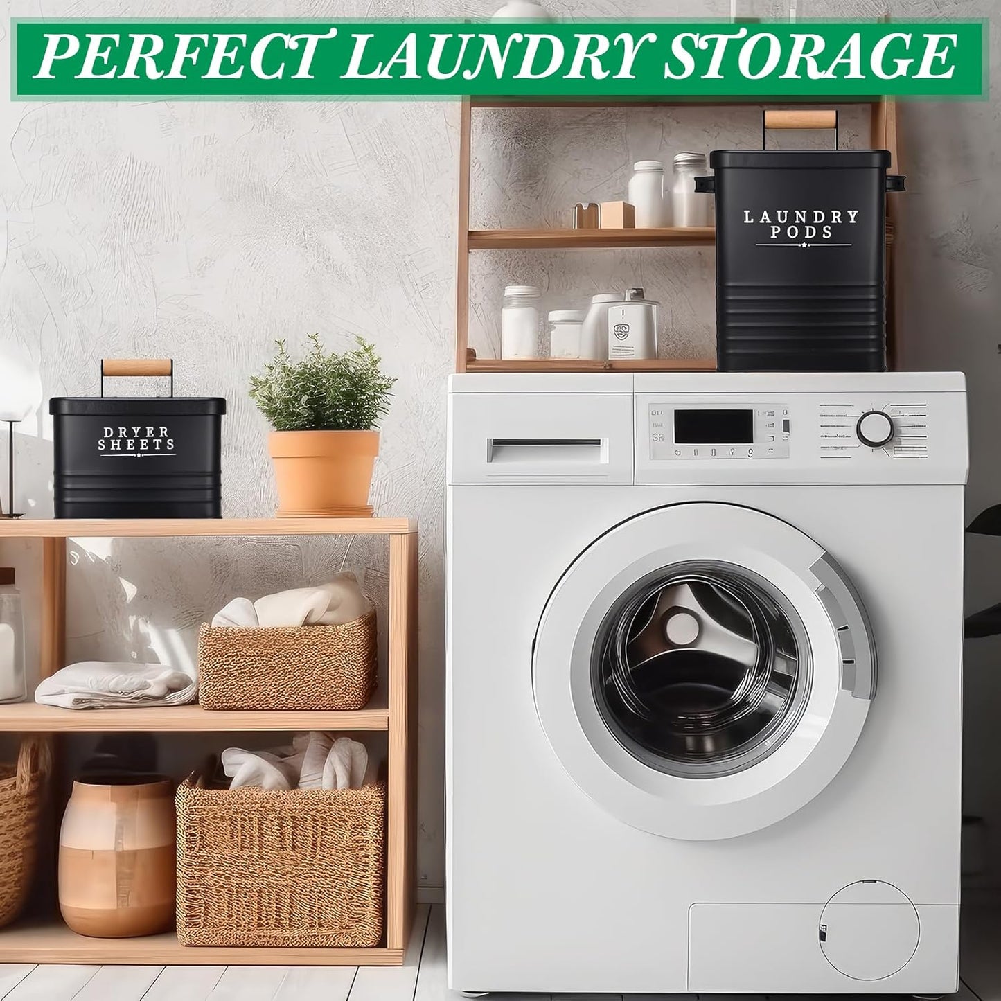 Yaocom 2 Pcs Laundry Pod Container with Dryer Sheet Holder Farmhouse Laundry Room Decor Organization and Storage Detergent Container Box with Lid Handle Metal Dryer Sheet Dispenser(Black)