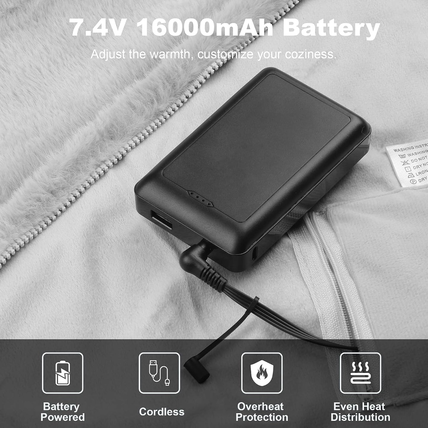 Heated Blanket Battery Operated with Fleece Lining 7.4V 16000mAh Battery 62" x 35" Heated Shawl Wraps for Women Men Cordless USB Outdoor Portable Electric Blanket 6 Heating Zones Khaki