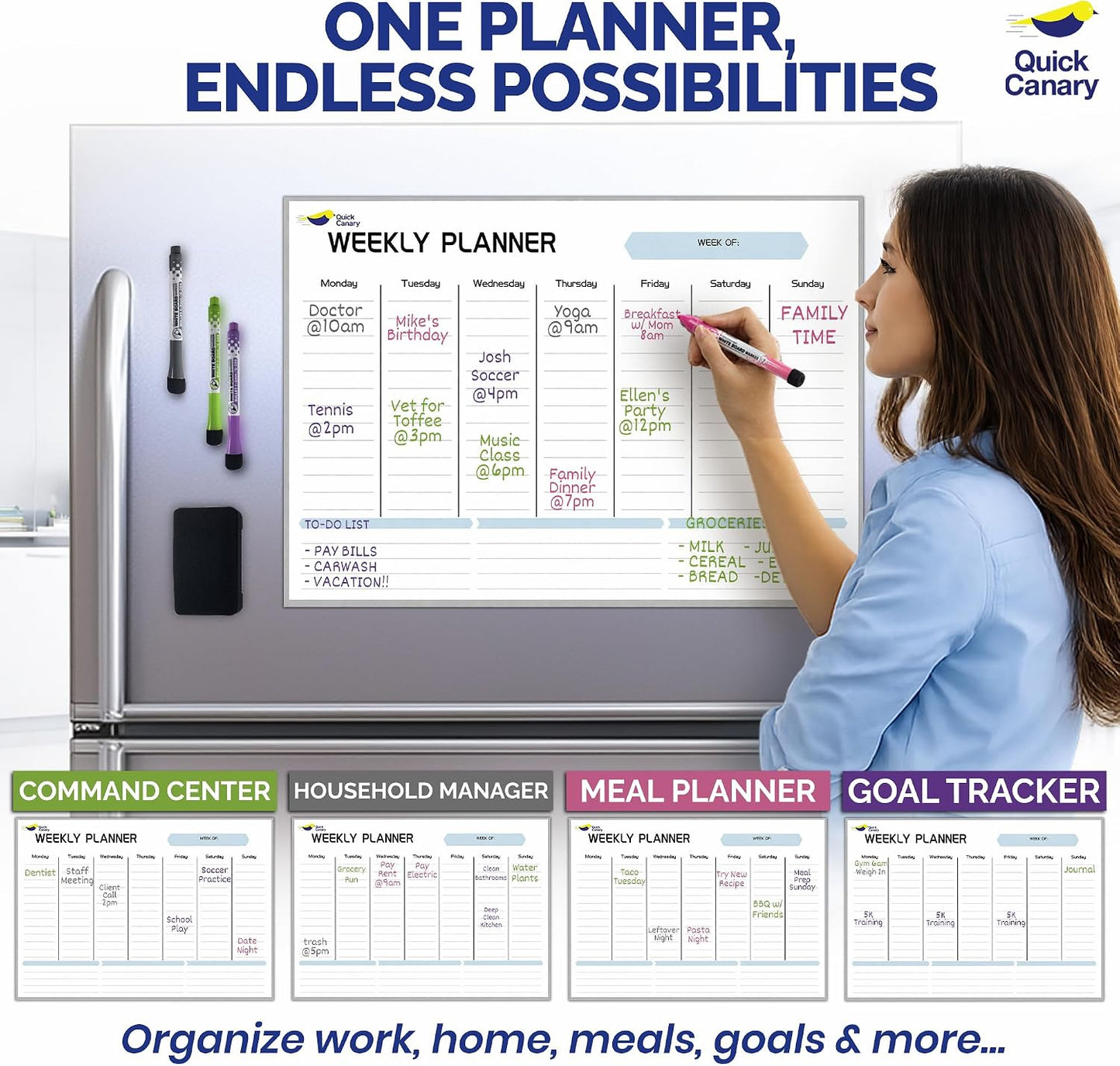 Large Magnetic Weekly Planner for Fridge, Dry Erase Whiteboard | 17x12" Stain-Resistant Surface, Strong Full-Back Magnet, 7-Day Weekly Planner for Meals & Chores, 4 Markers & Eraser