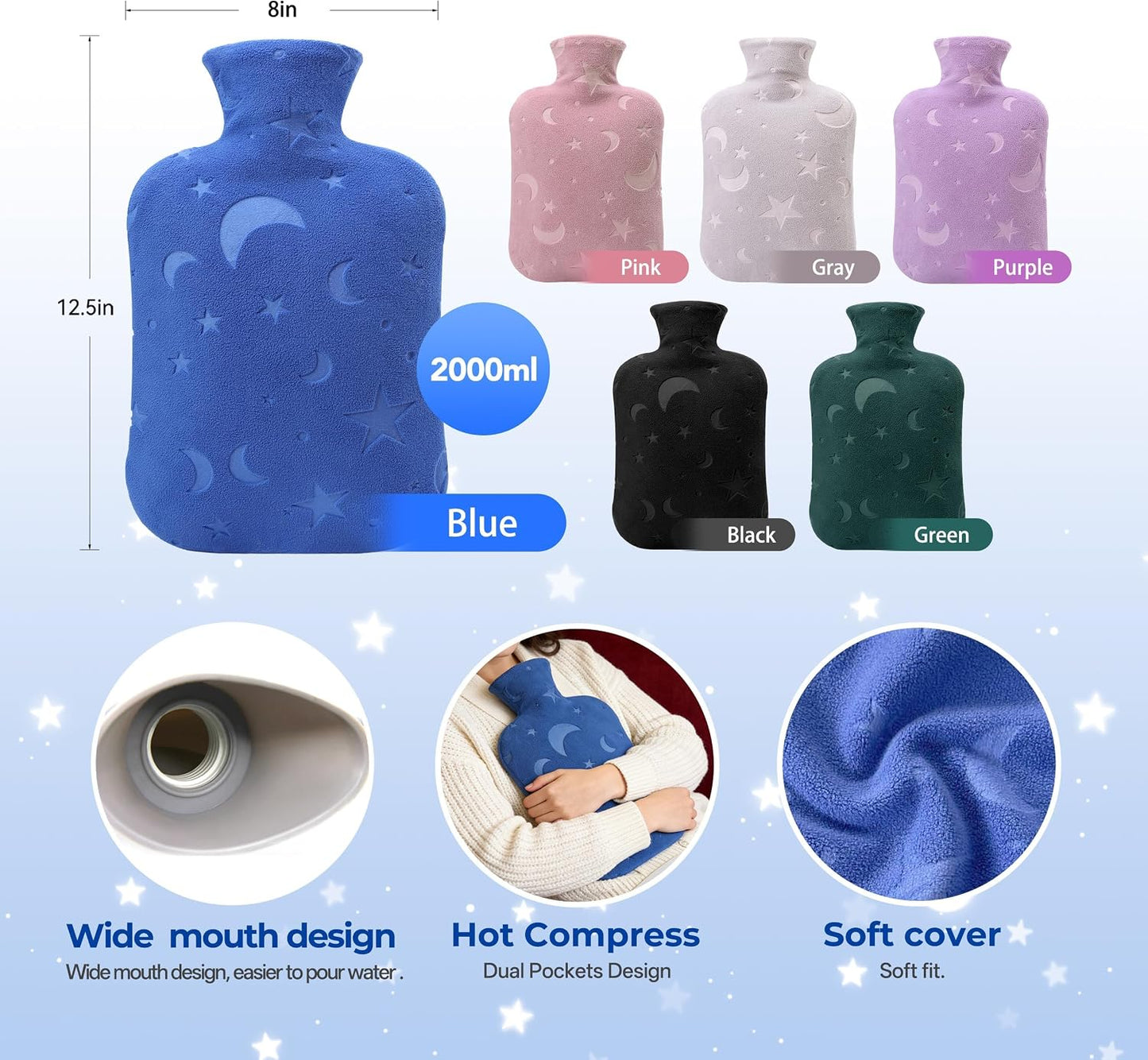 Hot Water Bottle with Soft Cover, 2L Hot Water Bag for Menstrual Cramps, Neck and Shoulder Pain Relief, Hot and Cold Therapies, Hand Feet Warmer, Blue