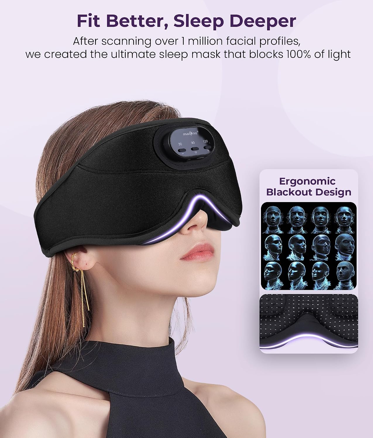 MUSICOZY Sleep Headphones Bluetooth 5.4 with Smart Timer 3D Eye Mask | Auto Shut Off Timer, 14-Hour Playtime, 100% Blackout, Removable Module Washable Design for Sleeping Travel and Meditation