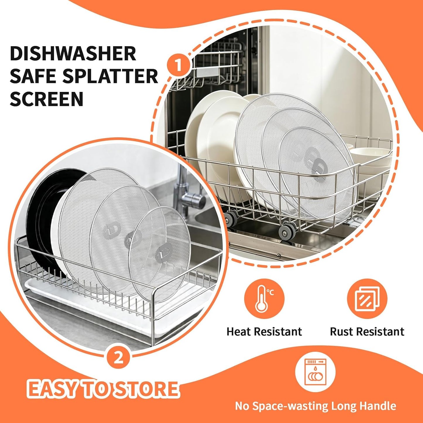 Splatter Screen for Frying Pan, 3-Pack 10" 11.5" 13" 304 Steel | Silicone oven mitts and foldable handle included. Dishwasher safe 304 stainless steel splash guard fits most pans.