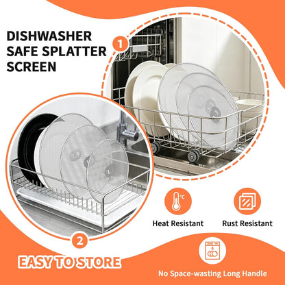 Splatter Screen for Frying Pan, 3-Pack 10" 11.5" 13" 304 Steel | Silicone oven mitts and foldable handle included. Dishwasher safe 304 stainless steel splash guard fits most pans.