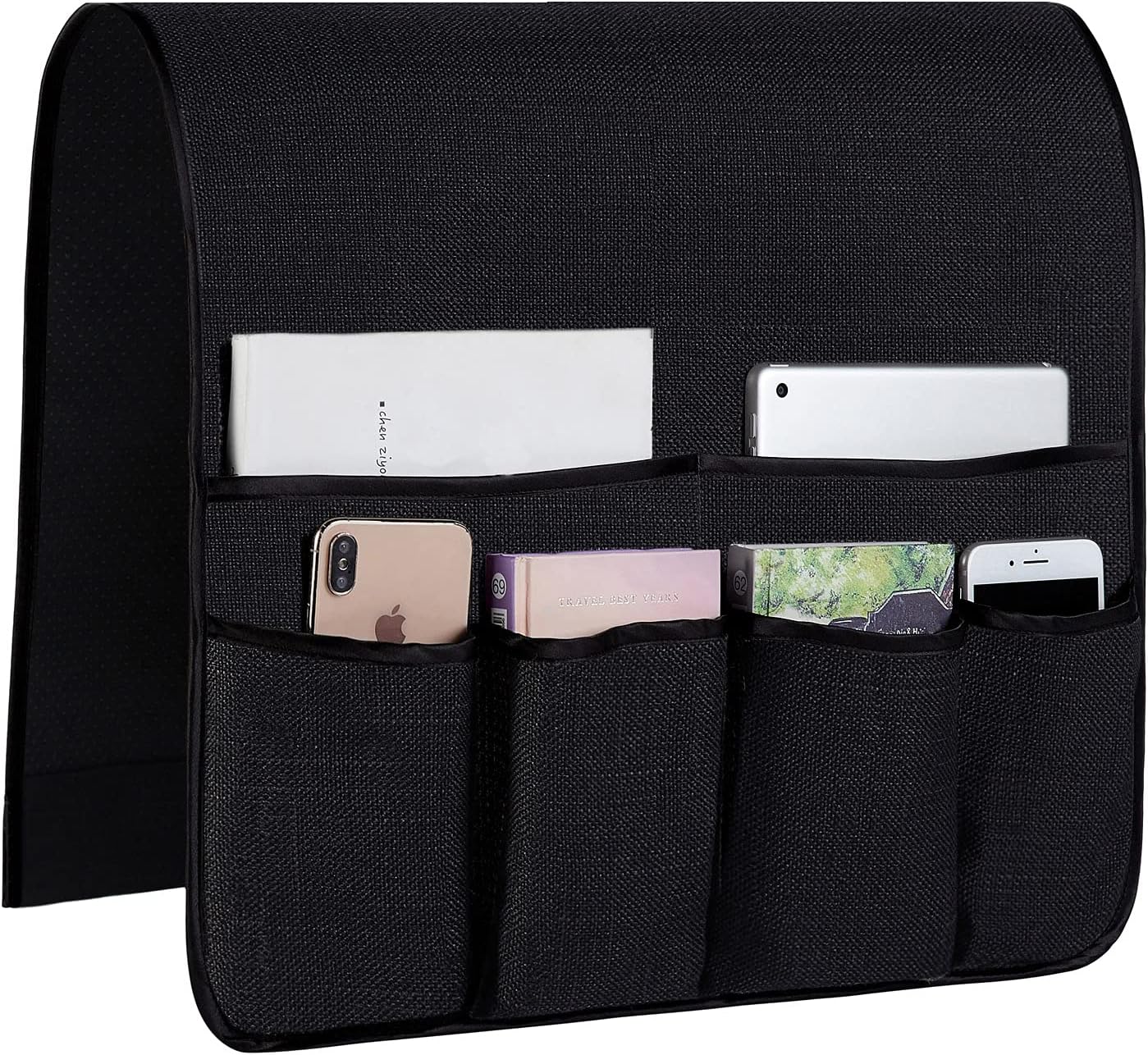 Sofa Armrest Organizer Non-Slip Arm Chair Hanging Caddy Remote Control Holder for Magazine, Phone, Books, Glasses(Black,13in)