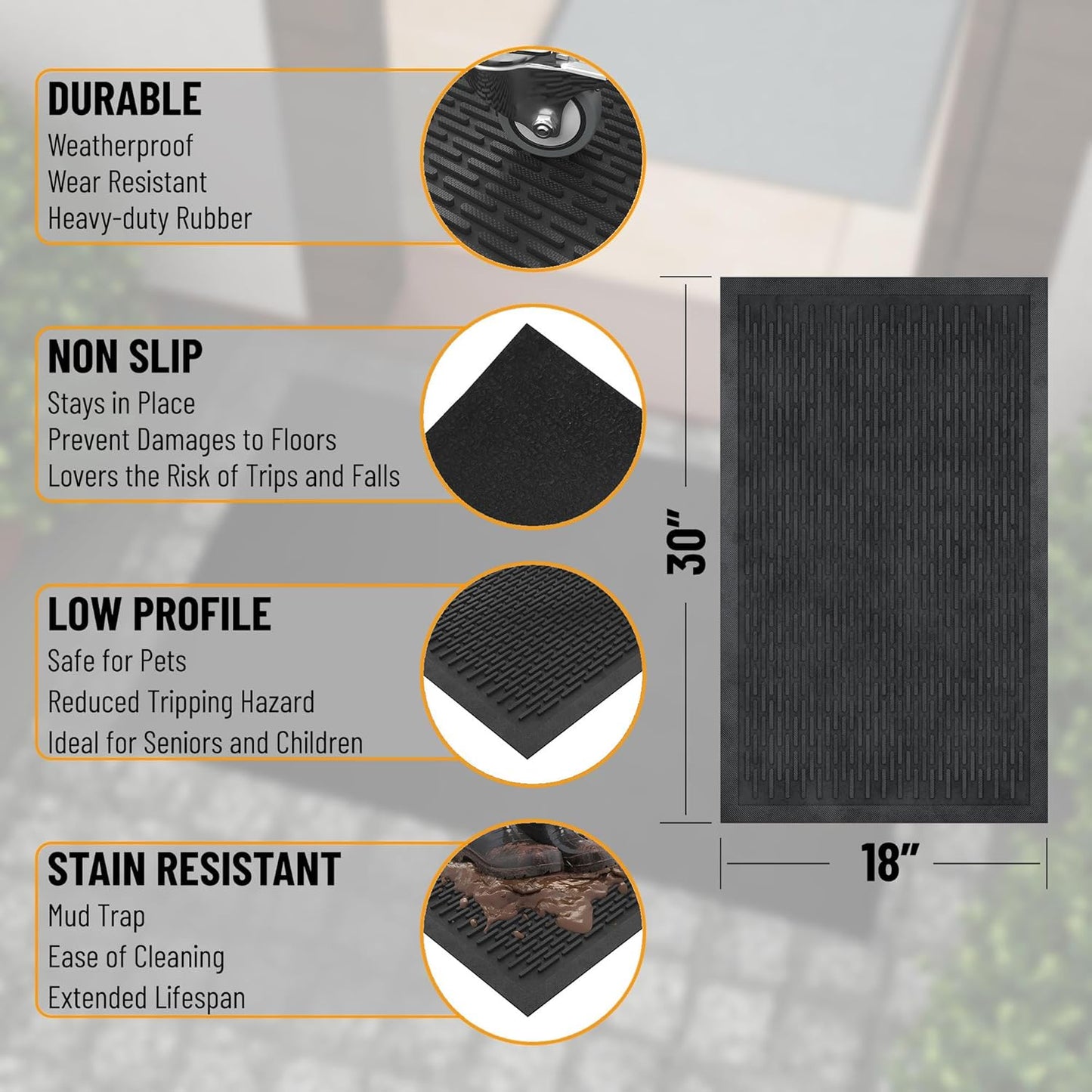 Ottomanson Heavy Duty Rubber Floor Mat – Non-Slip, Waterproof, Easy to Clean – Boot Tray Utility Mat for Shoes, Boots, Entryway, or Pet Feeding Area – Durable, Hose Washable – 16" x 32", Black