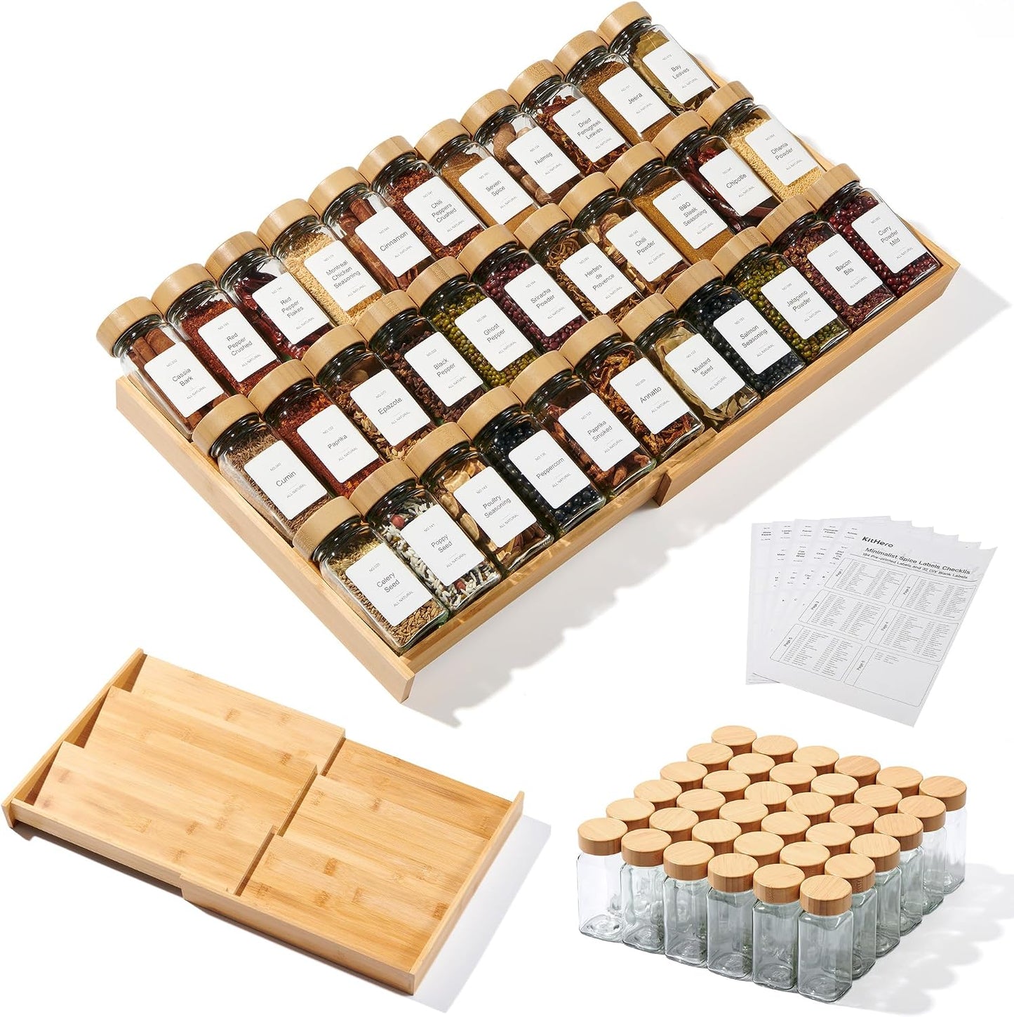 3-Tier Expandable Bamboo Spice Drawer Organizer, Adjustable Width 12" to 21", Kitchen Storage with 36 Glass Jars & Bamboo Lids, 216 Labels, Non-Slip Design for Cabinet & Countertop