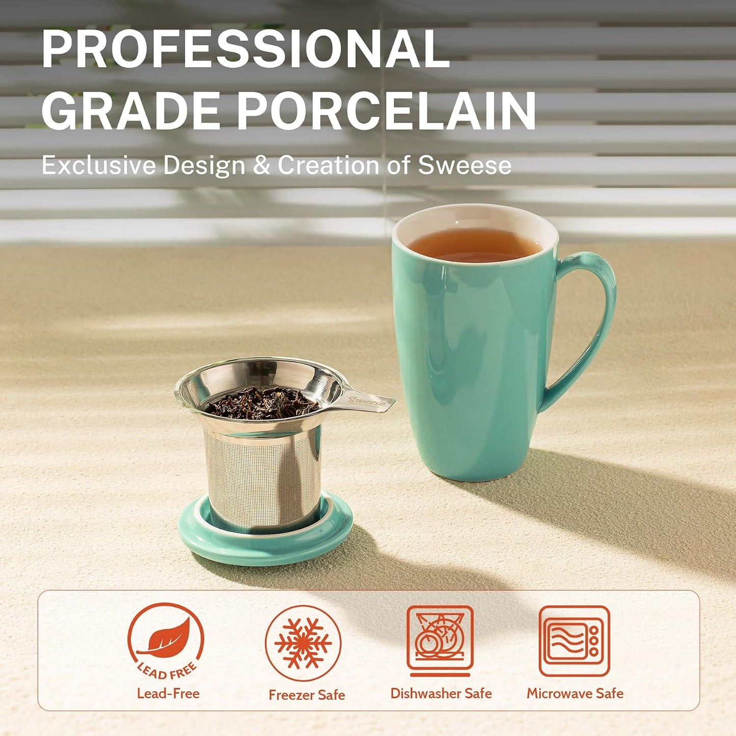 Sweese 15oz Porcelain Tea Mug with Infuser and Lid – Microwave Safe, Ergonomic Handle, Lead-Free Glaze, for Loose Leaf Tea