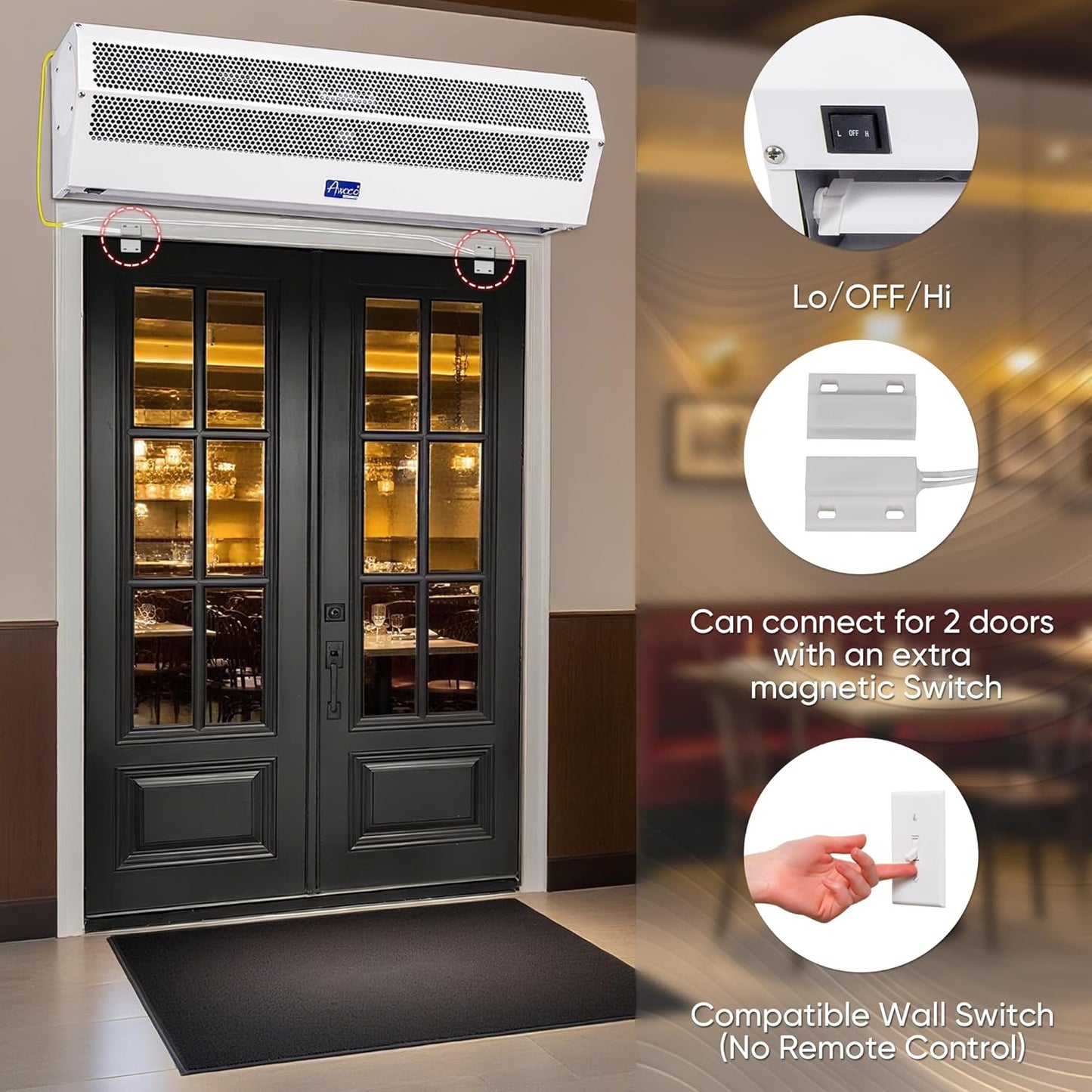 Awoco 72" Super Power 2 Speeds 2350CFM Commercial Indoor Air Curtain, CE Certified, 120V Unheated - Magnetic Door Switch Included