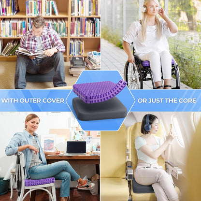TushGuard Gel Seat Cushion for Long Sitting, Breathable Thick Patent Design | Enlarged Cooling Chair Pad for Office, Wheelchair, Soft Car Cushion for Back, Hip, Sciatica (Standard, Black+Violet)