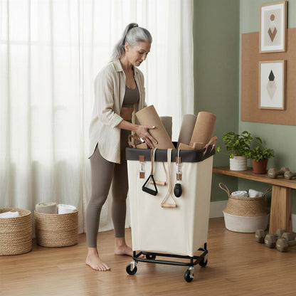 StorageWorks 160L Laundry Basket with Wheels, Rolling Hampers for Clothing | Beige Laundry Basket with Wheels, Metal Frame & Handles, Rolling Hamper for Bedroom, Bathroom, Dorm, Hotel