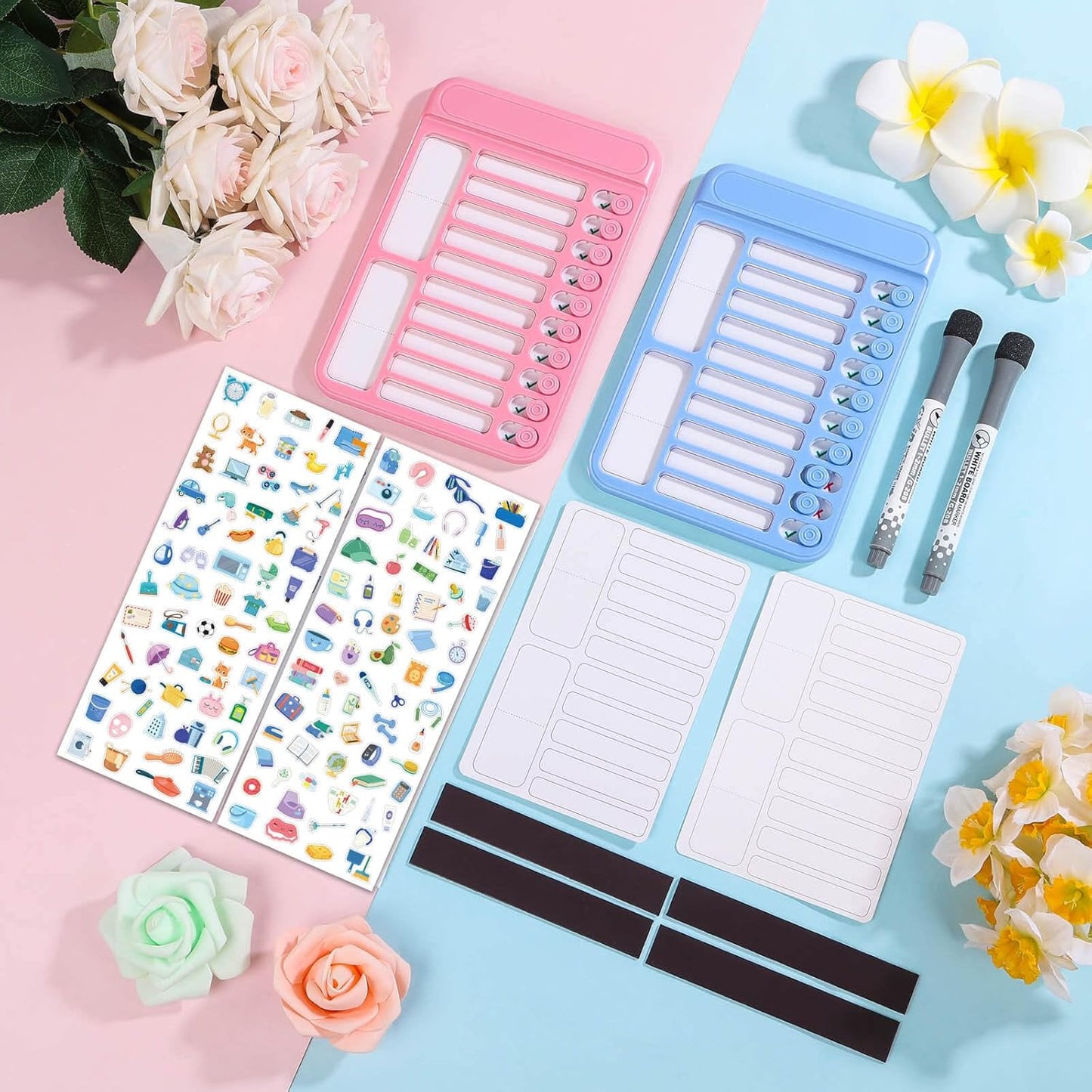 Audab 2Pcs Dry Erase Chore Chart for Kids, Magnetic Checklist Board, My Chores Slider Chart to Do List Board, Routine Chart Schedule Board Task Tracker for Home Refrigerator, Wall, Desk (Blue & Pink)